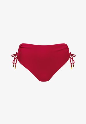 Czerwony dół bikini z marszczeniami po bokach, regulowanymi zapięciami na sznurki i złotymi akcentami. Wykonany z gładkiego, elastycznego materiału.