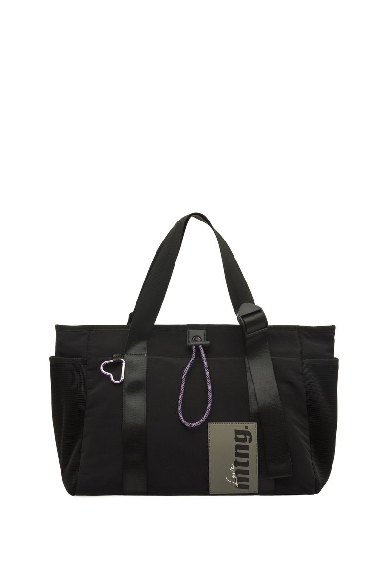 Sac fourre-tout en tissu noir avec double poignées, bandoulière ajustable, détail en corde violet et patch logo. Poche extérieure et design durable.