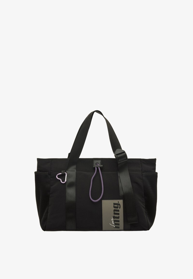 Sac fourre-tout en tissu noir avec double poignées, bandoulière ajustable, détail en corde violet et patch logo. Poche extérieure et design durable.