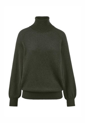 Donkergroene coltrui van zacht materiaal, met een ribbelige kraag, raglanmouwen en aansluitende manchetten en zoom.