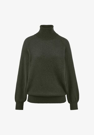 Donkergroene coltrui van zacht materiaal, met een ribbelige kraag, raglanmouwen en aansluitende manchetten en zoom.