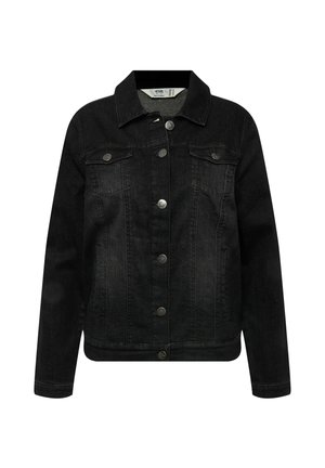 Veste en denim noir avec une fermeture à boutons à l'avant, deux poches poitrine et un col classique. Présente une texture légèrement délavée.