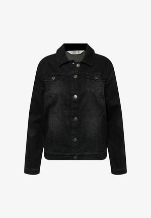 Schwarze Jeansjacke mit einem knopffrontalen Design, zwei Brusttaschen und einem klassischen Kragen. Besitzt eine leicht ausgewaschene Textur.