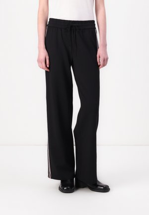 Black wide-leg sweatpants with a drawstring waistband and side stripe detailing in white, maroon, and grey. Smooth, soft texture.
