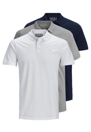 Drei Poloshirts in Weiß, Grau und Marineblau. Aus Baumwolle gefertigt, mit einem Standardkragen und kurzen Ärmeln. Dezentes Logo auf der Vorderseite.