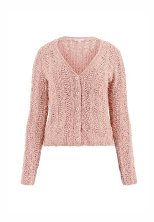 Różowy sweter z dzianiny z dekoltem w kształcie litery V, długimi rękawami i pięcioma guzikami z przodu. Teksturowany materiał o luźnym, otwartym splocie.