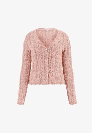 Różowy sweter z dzianiny z dekoltem w kształcie litery V, długimi rękawami i pięcioma guzikami z przodu. Teksturowany materiał o luźnym, otwartym splocie.