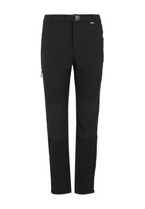 Zwarte outdoorbroek met geïntegreerde riem, ritszakken aan de zijkant, verstevigde knie- en onderbeenspaneel.