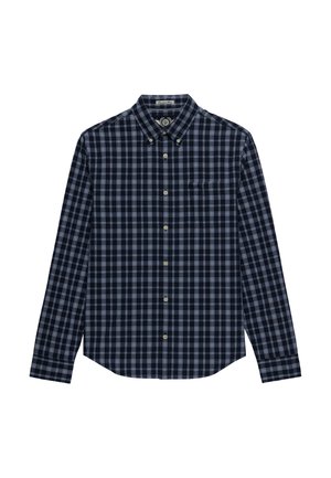 Chemise à manches longues à boutons avec un motif à carreaux bleu marine, noir et bleu clair, dotée d'une poche poitrine.