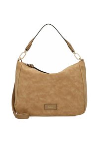 Beige Faux-Leder Schultertasche mit geschwungenem Design, verstellbarem Griff und goldfarbener Hardware. Mit Markenlogo auf der Vorderseite.