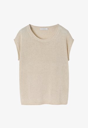 Beige sweater with a round neckline, short sleeves, and a soft knitted texture. Features a relaxed fit and subtle ribbed accents on edges.
