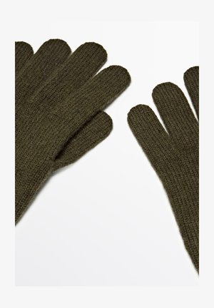 Guanti a maglia di colore verde scuro, caratterizzati da una texture a coste, design a cinque dita e cuciture piatte, adatti per il clima freddo.
