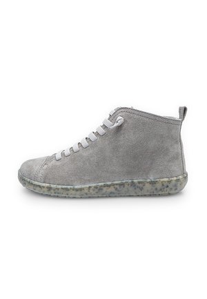Gray suede ankle boots with a textured rubber sole, featuring white laces and a pull tab at the back for easy wear.
