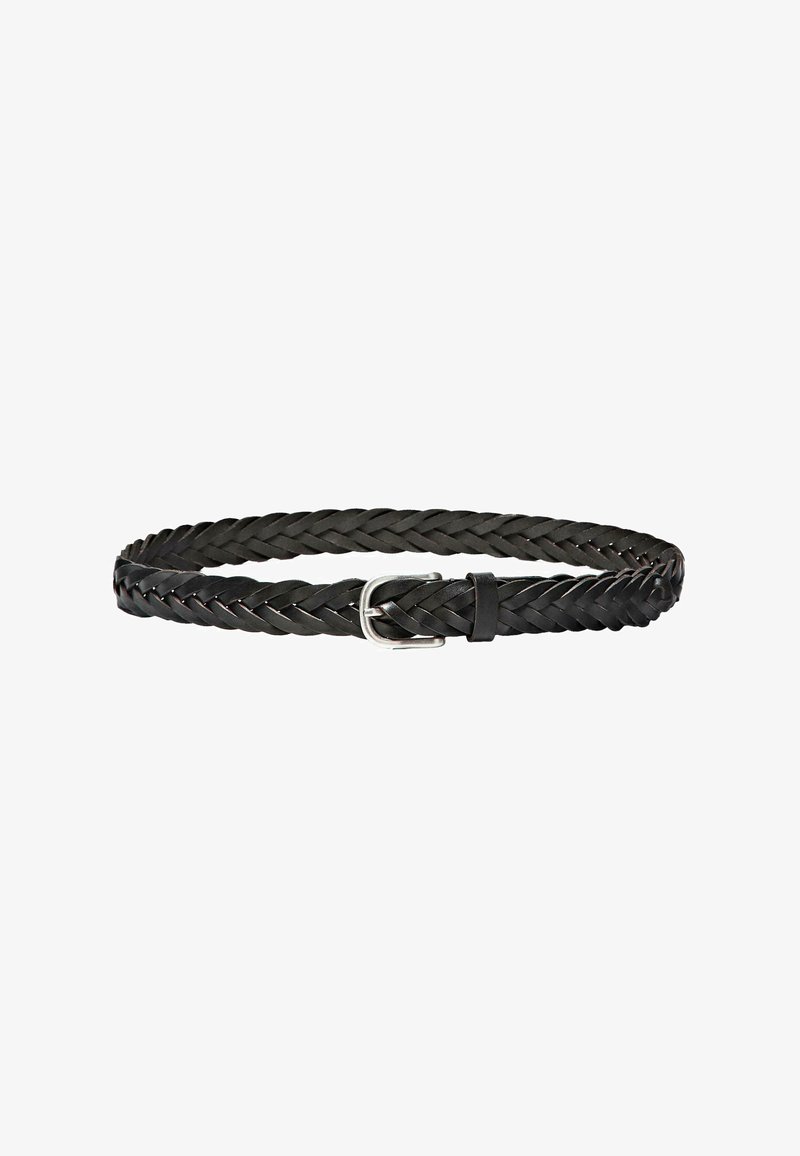Black woven leather belt with a silver metal buckle; features a braided texture and a traditional design.