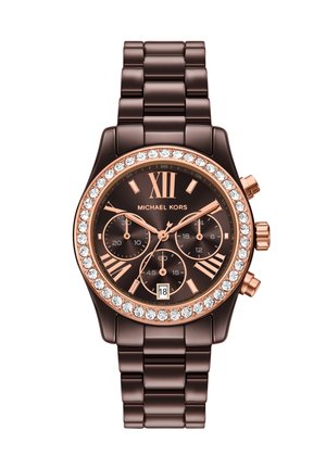 Montre-bracelet en métal marron Michael Kors avec des accents en or rose, lunette sertie de cristaux, trois sous-cadrans, index horaires romains et bâtons, et affichage de la date.