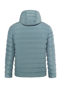 Fodrad ytterjacka i mjukt gråblått med huva. Har vertikala quiltade sektioner och elastiska cuffs. Lättvikts, vattenavvisande material.