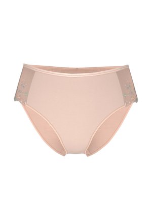 Culottes pour femmes rose clair avec des panneaux latéraux transparents ornés d'une délicate broderie florale multicolore sur fond blanc.