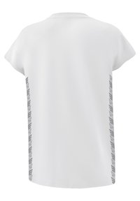 Witte korte mouwen t-shirt met een grijs patroon langs de zijkanten. Gladde textuur met een relaxte pasvorm. Ronde halslijn.