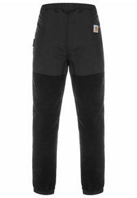 Pantalones negros hechos de una mezcla de materiales, con una sección inferior de forro polar, cinturilla elástica y puños elásticos en los tobillos.