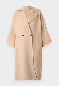 Μπεζ παλτό από μείγμα μαλλιού με διπλή σειρά κουμπιών, φαρδιά γιακά, κοντά μανίκια και τσέπη με πατ Αριστερά. Απαλή υφή.