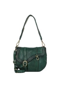 Zelená kožená kabelka s kulatým tvarem, zakřiveným šitím a zlatými detaily. Obsahuje tkaný popruh pro všestranné nošení.