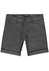 Grijze shorts van gestructureerde stof, met een knoopsluiting, vijf zakken en opgerolde zoom voor een casual uitstraling.