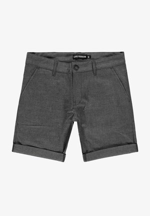 Grijze shorts van gestructureerde stof, met een knoopsluiting, vijf zakken en opgerolde zoom voor een casual uitstraling.