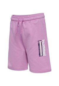Light purple casual shorts with elastic waistband and drawstring, featuring vertical "hummel" logo on right thigh.