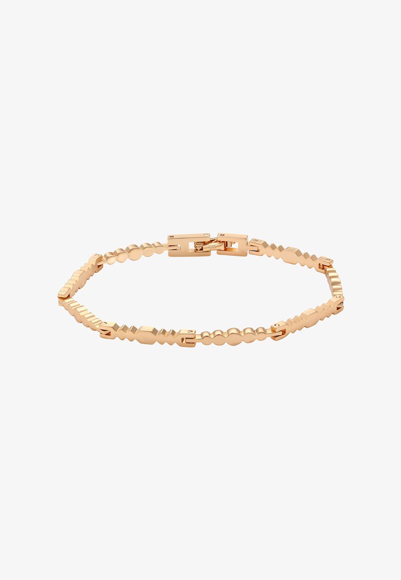 Braccialetto in oro rosa con collegamenti rettangolari alternati a superficie liscia e a zigzag con chiusura a scatola.