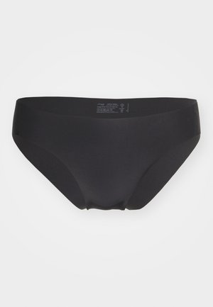 Crne bikini gaćice od glatkog, rastezljivog materijala. Imaju široki, elastični pojas i klasičan nizak kroj. Jednostavan, minimalistički dizajn.