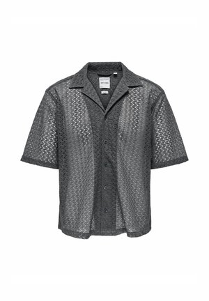 Kurze Ärmel Blusenhemd aus schwarzem Netzstoff, mit einem Zickzackmuster, eingeschnittenem Kragen und vorderen Knöpfen in lässiger Passform.