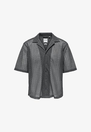 Kurze Ärmel Blusenhemd aus schwarzem Netzstoff, mit einem Zickzackmuster, eingeschnittenem Kragen und vorderen Knöpfen in lässiger Passform.