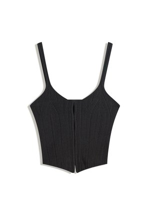 Crni rebrasti crop top s tankim naramenicama, s strukturiranim dizajnom i detaljem šava sprijeda. Izrađen od rastezljivog materijala.