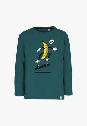 Teal pitkähihainen paita, jossa on sarjakuvamainen banaani skeittämässä skeittilaudalla ja sana "FLIP" puhekuplassa. Puuvillamateriaali, rento muotoilu.