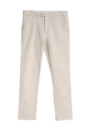 Pantalones de algodón color beige con un diseño de pierna recta, bolsillos frontales y cierre de botón, con una textura suave y un diseño minimalista.