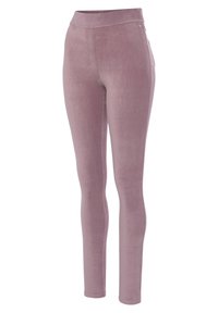 Leggings doux et côtelés dans une légère couleur mauve. Taille haute avec un design minimaliste. Tissu extensible pour le confort. Texture lisse et soyeuse.