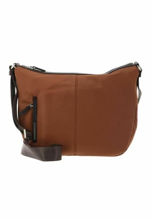 Sac bandoulière marron avec une finition lisse, poche zippée noire à l'avant et bandoulière en tissu foncé ajustable.