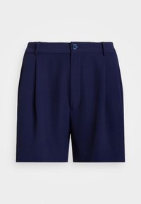 Námořnicky modré šortky na míru s hladkou texturou, vybavené předním zapínáním, záhyby a bočními kapsami pro praktičnost.
