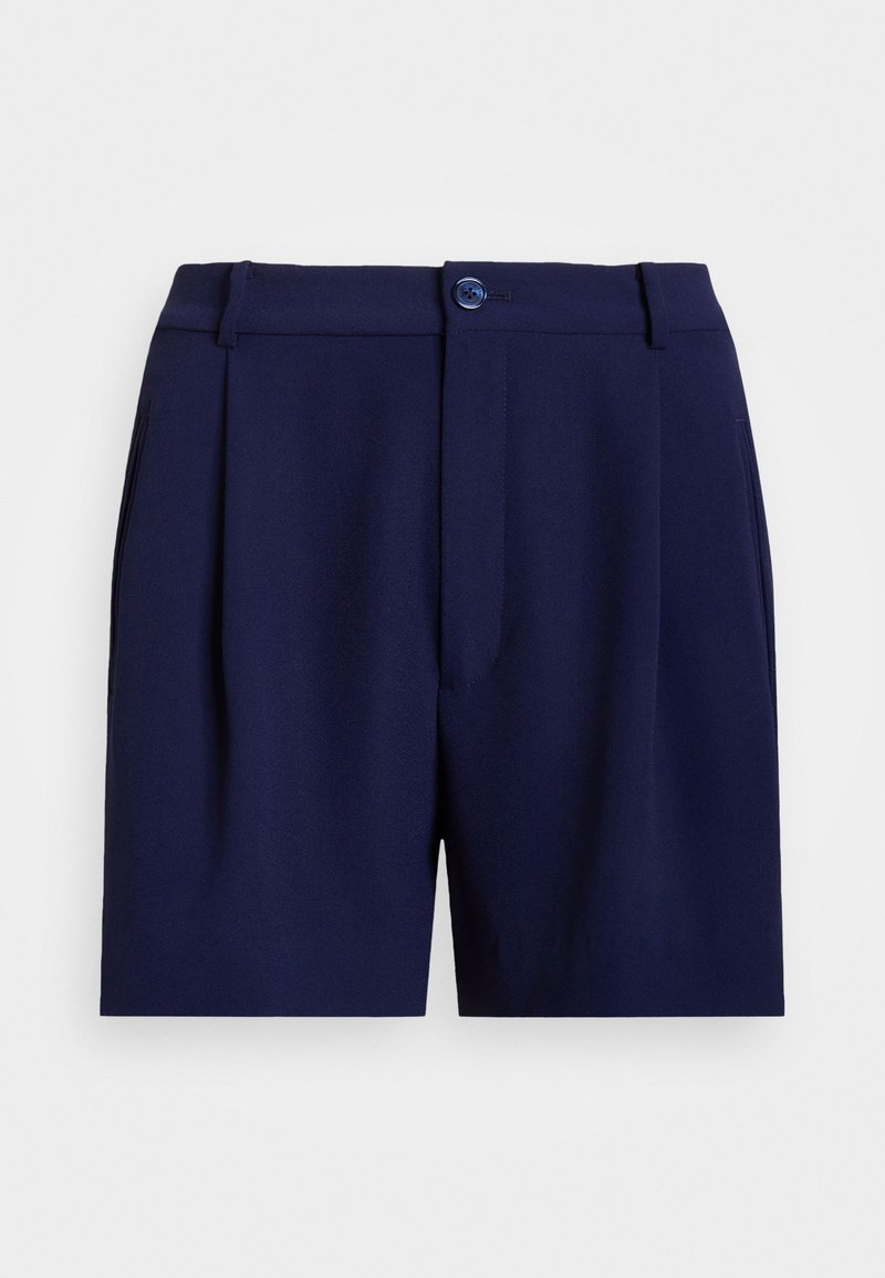 Námořnicky modré šortky na míru s hladkou texturou, vybavené předním zapínáním, záhyby a bočními kapsami pro praktičnost.