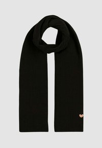 Sciarpa nera testurizzata con un motivo a costine, caratterizzata da un piccolo accento a forma di cuore di colore rosa chiaro. Materiale morbido e forma lunga e rettangolare.