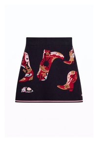 Μαύρη φούστα με πολύχρωμα κεντήματα από καουμπόικες μπότες και δυτικά μοτίβα σε κόκκινο, ροζ, καφέ και μπλε χρώμα σε όλο το ύφασμα.