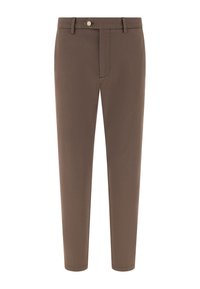 Pantalon marron ajusté avec fermeture à bouton et zip, passants de ceinture et jambes fuselées.