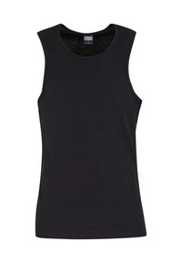 Schwarzes ärmelloses Tanktop aus Baumwolle, mit Rundhalsausschnitt und einem schlichten Design ohne Muster oder Verzierungen.