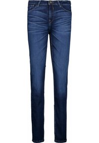 Jeans de mezclilla azul oscuro con un corte slim, diseño de cinco bolsillos, cierre frontal con botón y sutiles detalles desgastados. Textura suave y corte clásico.