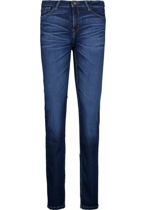 Jean en denim bleu foncé avec une coupe ajustée, design à cinq poches, fermeture à bouton à l'avant et détails légèrement décolorés. Texture lisse et coupe classique.