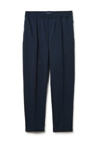 Pantaloni con elastico in vita di colore navy, con una texture liscia, design a gamba affusolata e orlo a risvolto. Presentano pieghe frontali per un tocco di dettaglio in più.