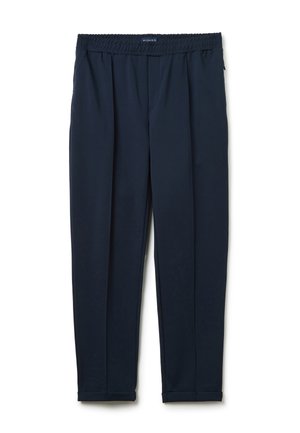 Marine elastische taillebandbroek met een gladde textuur, tapered leg-design en een geribbelde zoom. Voorzien van plooien aan de voorkant voor extra detail.