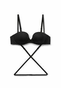 Sort polstret BH med justerbare stropper og krydsdesign. Glat materiale med bøjleunderstøttelse og lukning med tre hægter bagpå.