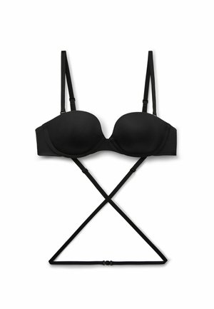 Schwarzer gepolsterter BH mit verstellbaren Trägern und kreuzförmigem Design. Glattes Material mit Unterbruststütze und dreifachem Hakenverschluss auf der Rückseite.
