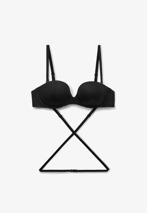 Schwarzer gepolsterter BH mit verstellbaren Trägern und kreuzförmigem Design. Glattes Material mit Unterbruststütze und dreifachem Hakenverschluss auf der Rückseite.